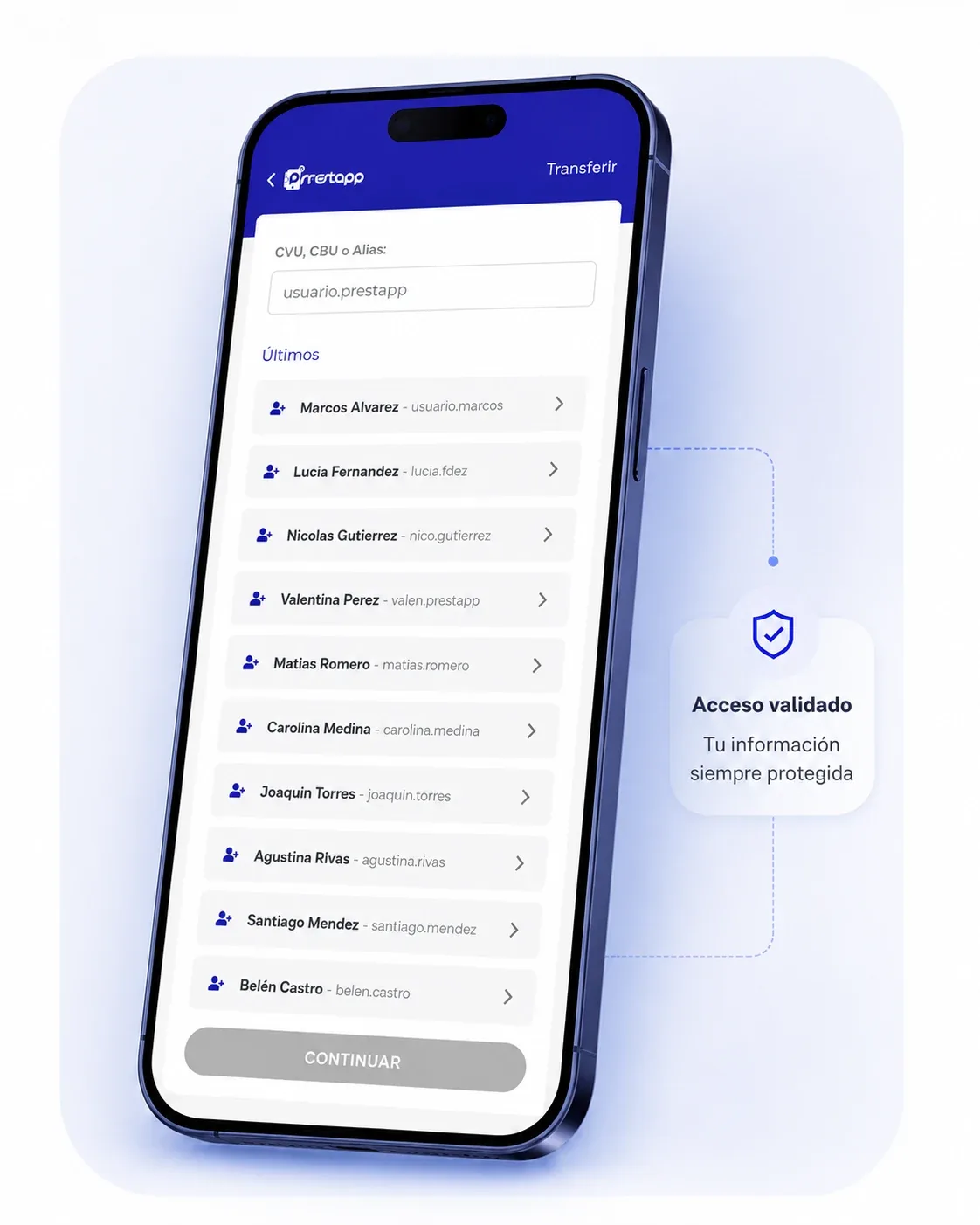 Mockup de PrestApp mostrando una transferencia